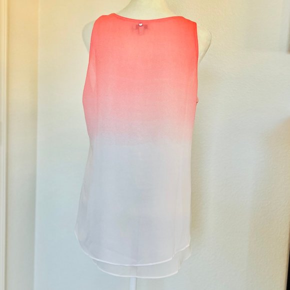 Calvin Klein Sheer Ombré Dip Dye Coral Pink & White Flowy Layered Tunic Tank Top - Picture 7 of 8